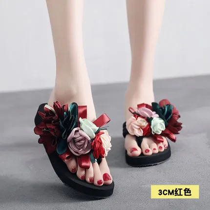 3cm-heel-red Новинка года; женские шлепанцы; Вьетнамки; женские сандалии; женская пляжная обувь с цветком; модная Уличная обувь на плоской подошве; шлепанцы с цветочным узором на высоком каблуке 5 см - Цвет: 3cm-heel-red