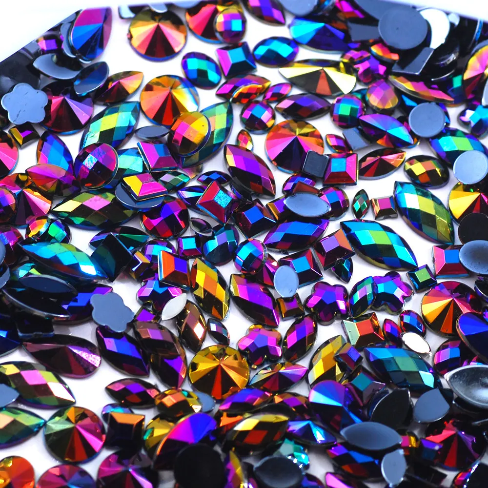Sky Blue Glitter AB Nail Art Crystal Rhinestones - 300Pcs Mixed Shape Flat Back 3D Decoration Stones