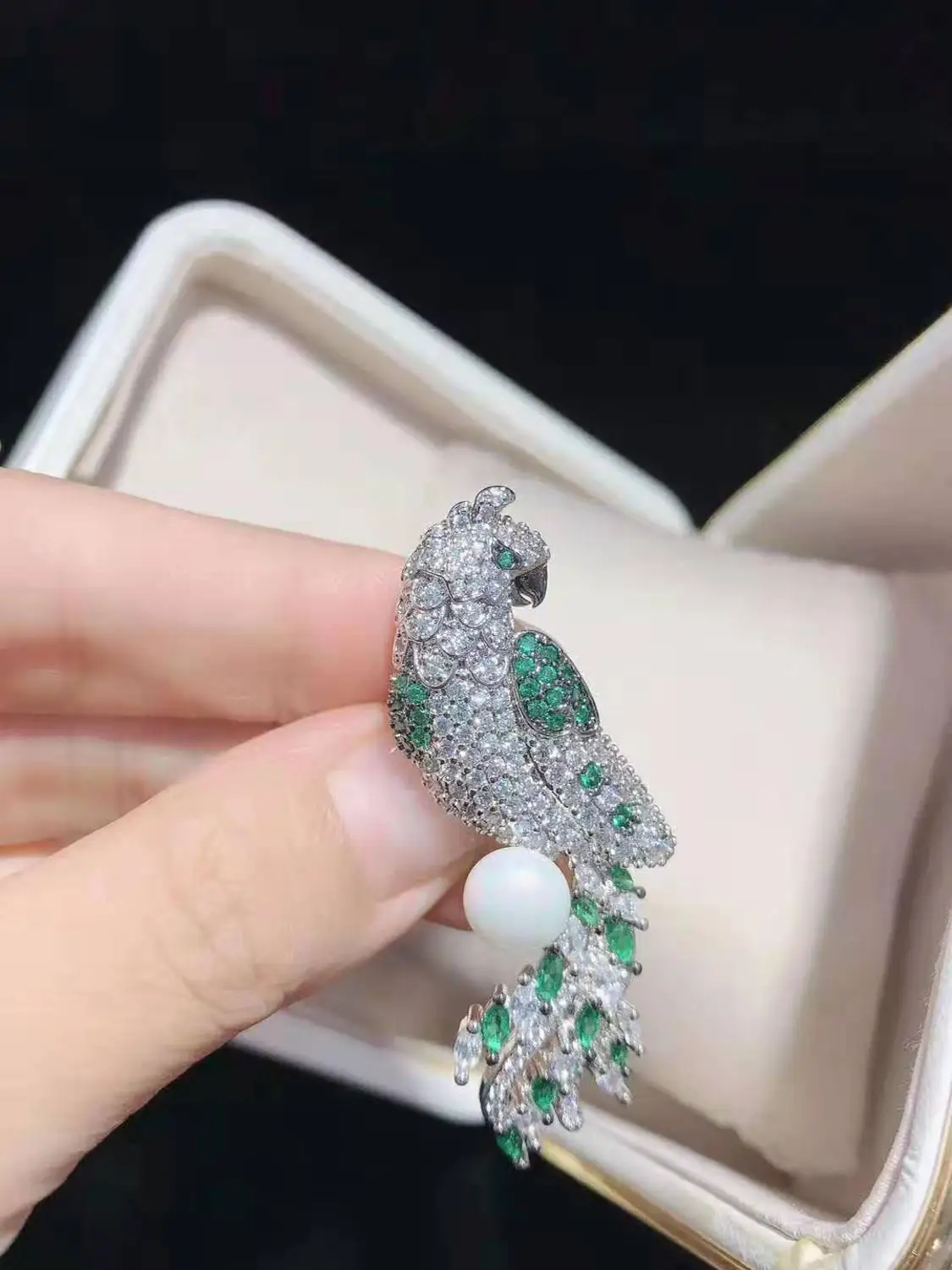 New Women's White Shell Pearl Golden Plated Mixed Color CZ Micro Parrot Brooch