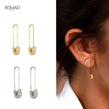 

ROMAD Korean Safety Pin Studs Earrings for Women Gothic Fashion Micro Pave Zircon 925 Sterling Silver Earrings Jewelry kolczyki