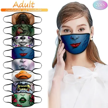 

2PC Halloween Men Women 3D Printed Reusable Face Shield Cloth Mouth Mask Washable Face Mask Windproof Breathable Face Shield