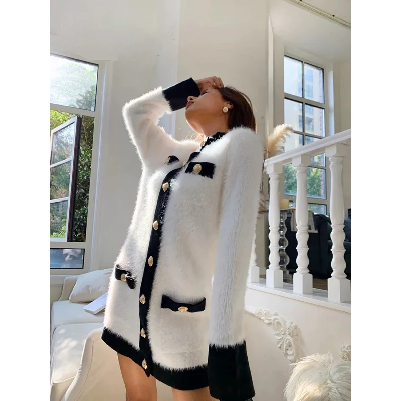 

Вязаное зимнее осеннее пальто-кардиган 11,7, женское модное роскошное теплое платье составного кроя контрастных цветов из ангоры