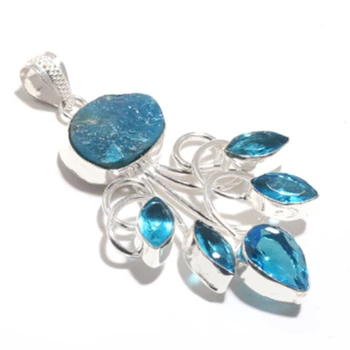 

Genuine Apitite Rough + Blue Topaz Pendant Silver Overlay over Copper , Hand made Women Jewelry gift , P9090