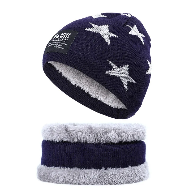 

2019 Baby Autumn and Winter Brushed and Thick Children's Five-Pointed Star Scarf Scarf Hat Two-Piece Set Warm Woolen Cap