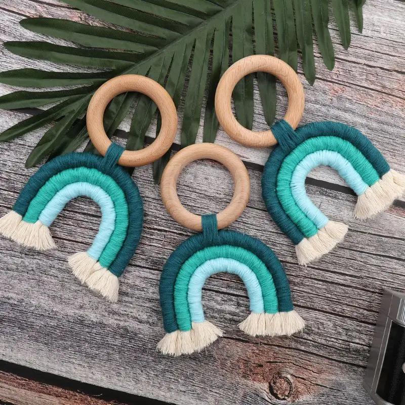 

Wooden Baby Teether Rainbow Tassel Macrame Wooden Boho Baby Teether Cotton Cord Wood Teething Toy Shower Gift