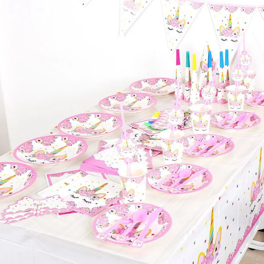 Unicorn Birthday Party Decors Disposable Tableware Paper Cup Plate Banner Set Unicorn balloon Baby Shower Kids Party Supplies
