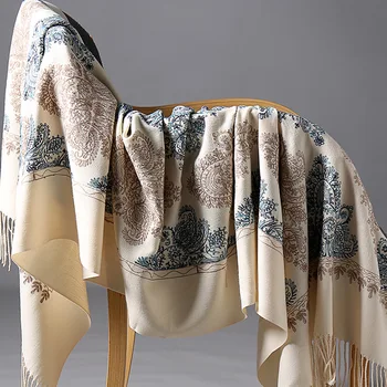 

2019 New Winter Warm Solid Scarf For Women/Lady Soft Wool Pashmina Shawls Flower Embroidery Cashmere Female Wraps Capes