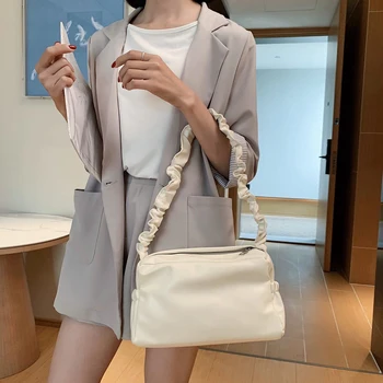 

Popular Simple Female Daily Bag Women Pleated Tote Bag Pure Color PU Shoulder Portable Fashion Handbag Purses