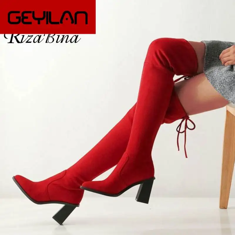 

Women Thigh High Boots Winter Sexy Pointed Toe Stretch Shoes Women High Heels Lace Up Fashion Party Footwear Size 34-43