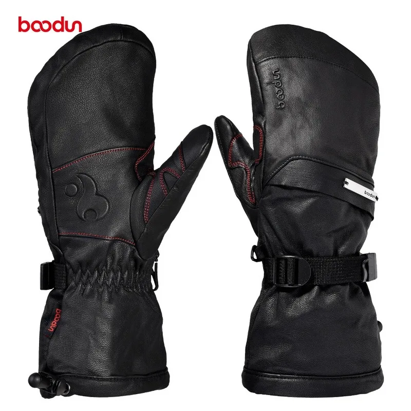 Men Women Genuine Leather Ski Gloves with Portable Pocket Touch Screen Waterproof Warm Outdoor Sports Snowboard Skiing | Спорт и