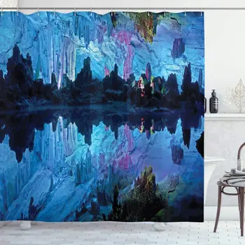 

Natural Cave Shower Curtain Pattern of Reed Flute Cistern with Artifical Crystal Palace Myst Cave Image Print Bathroom Decor Set