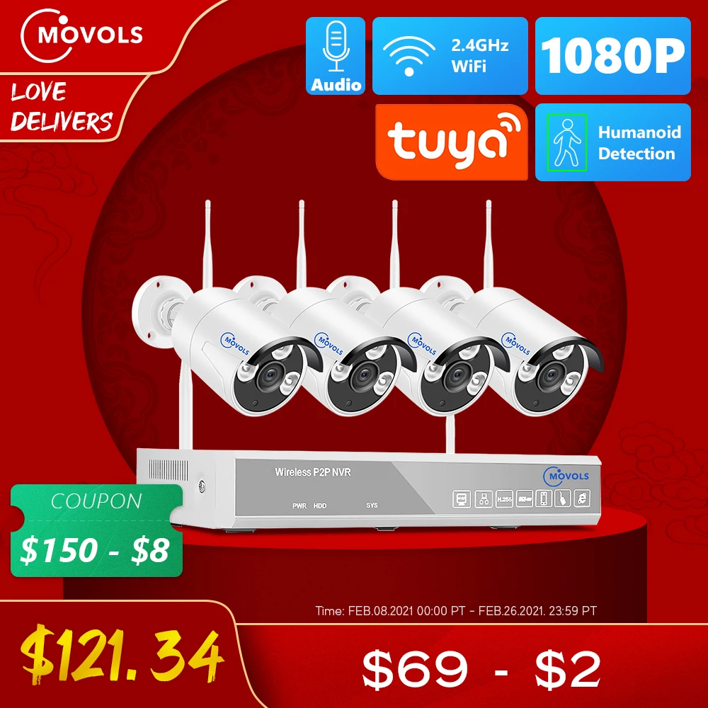 MOVOLS H.265 Wireless CCTV System 8CH 1080P Tuya NVR 2MP Outdoor Waterproof Wifi IP Security Camera Audio Video Surveillance Kit