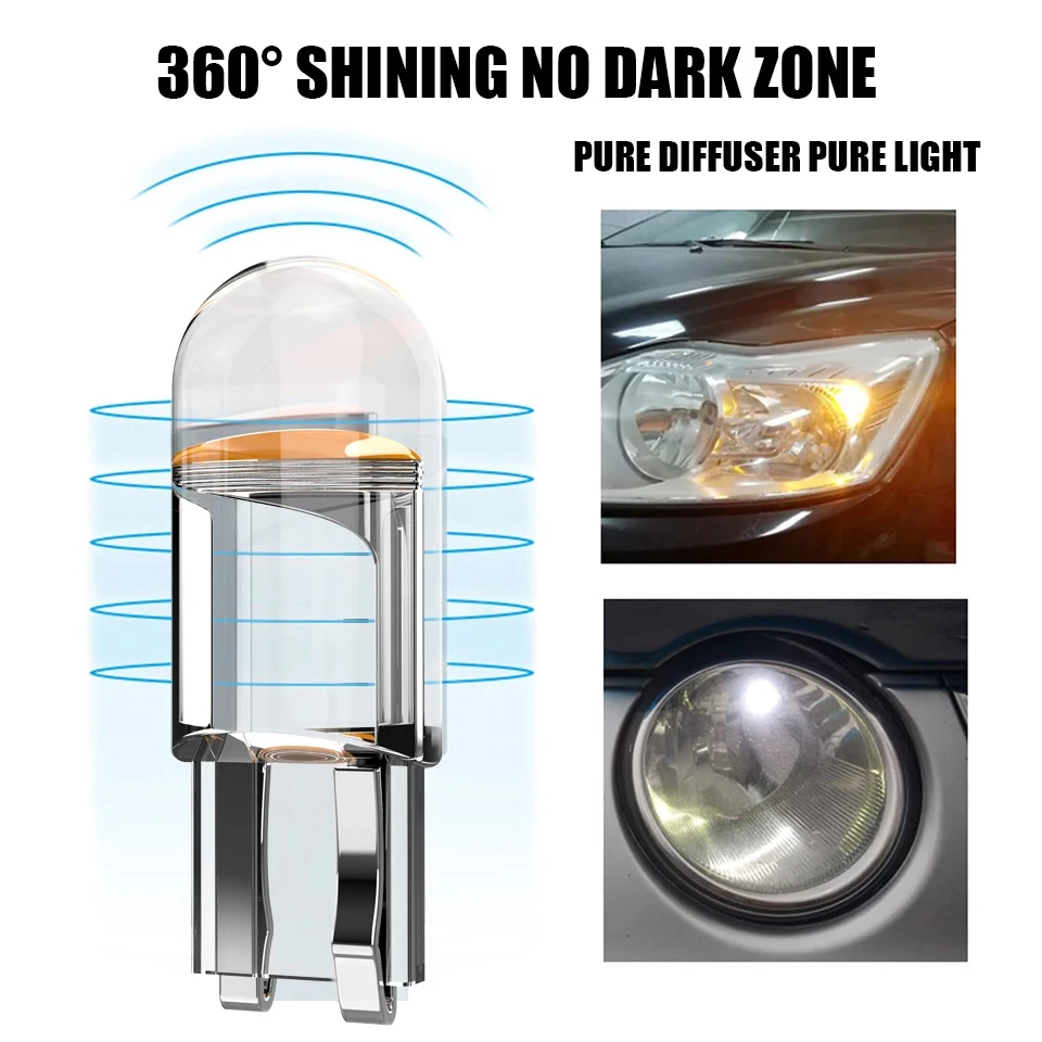 10PCS W5W Led T10 Car Light COB Glass 6000K White Auto Automobiles License Plate Lamp Dome Read DRL Bulb Style 12V Accessories