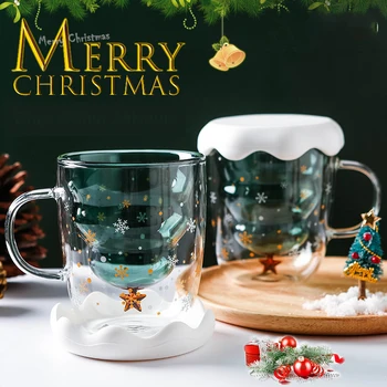 

Christmas Cup Transparent Double Anti-Scalding Glass Christmas Tree Star Cup Coffee Cup Milk Juice Cup Children's Christmas Gift
