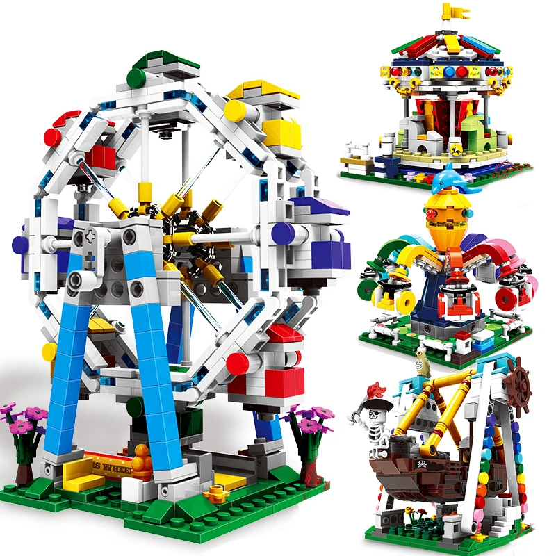

City Amusement Park Compatible Legoingly Friends Ferris Wheel Pirate Ship Model Architecture Building Blocks Toys For Children