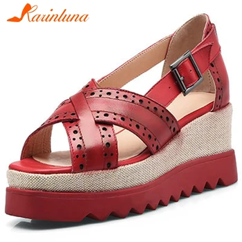 

Karinluna New Arrivals Genuine Cow Leather Wedge Heels Summer Sandals Woman Shoes Buckle Strap Comfortable Shoes Women