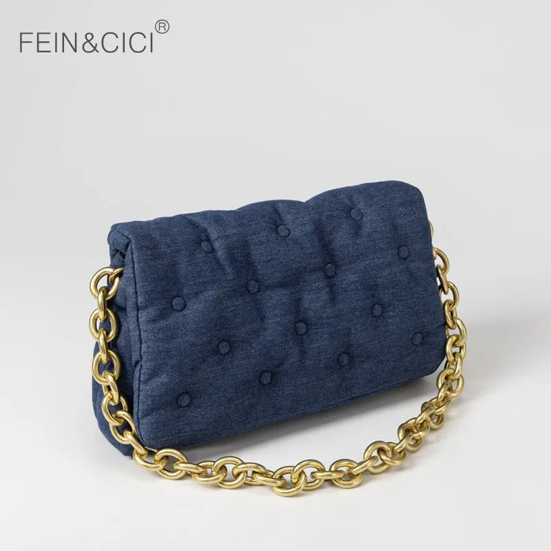 New autumn denim quilted shoulder bag women ladies gold chain clould flap blue down cotton underarm | Багаж и сумки