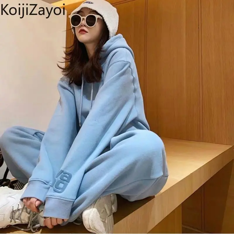 

Koijizayoi Casual Loose Women Two Pieces Set Solid Fashion Hooded Sweatshirt Ankle Length Sweatpant Sport Running Suit Fitness