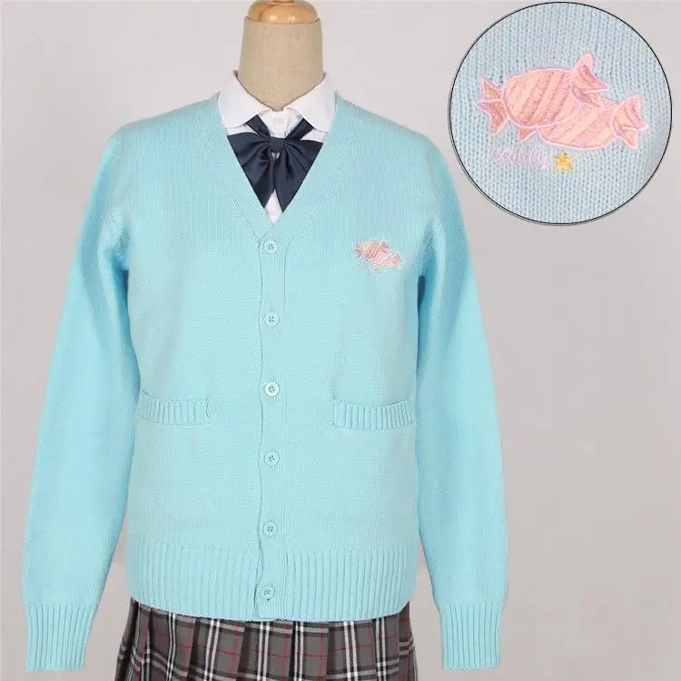 Японский милый вязаный свитер школьная форма s вышивка Kawaii японская школьная форма кардиган осень зима свитер - Цвет: light blue