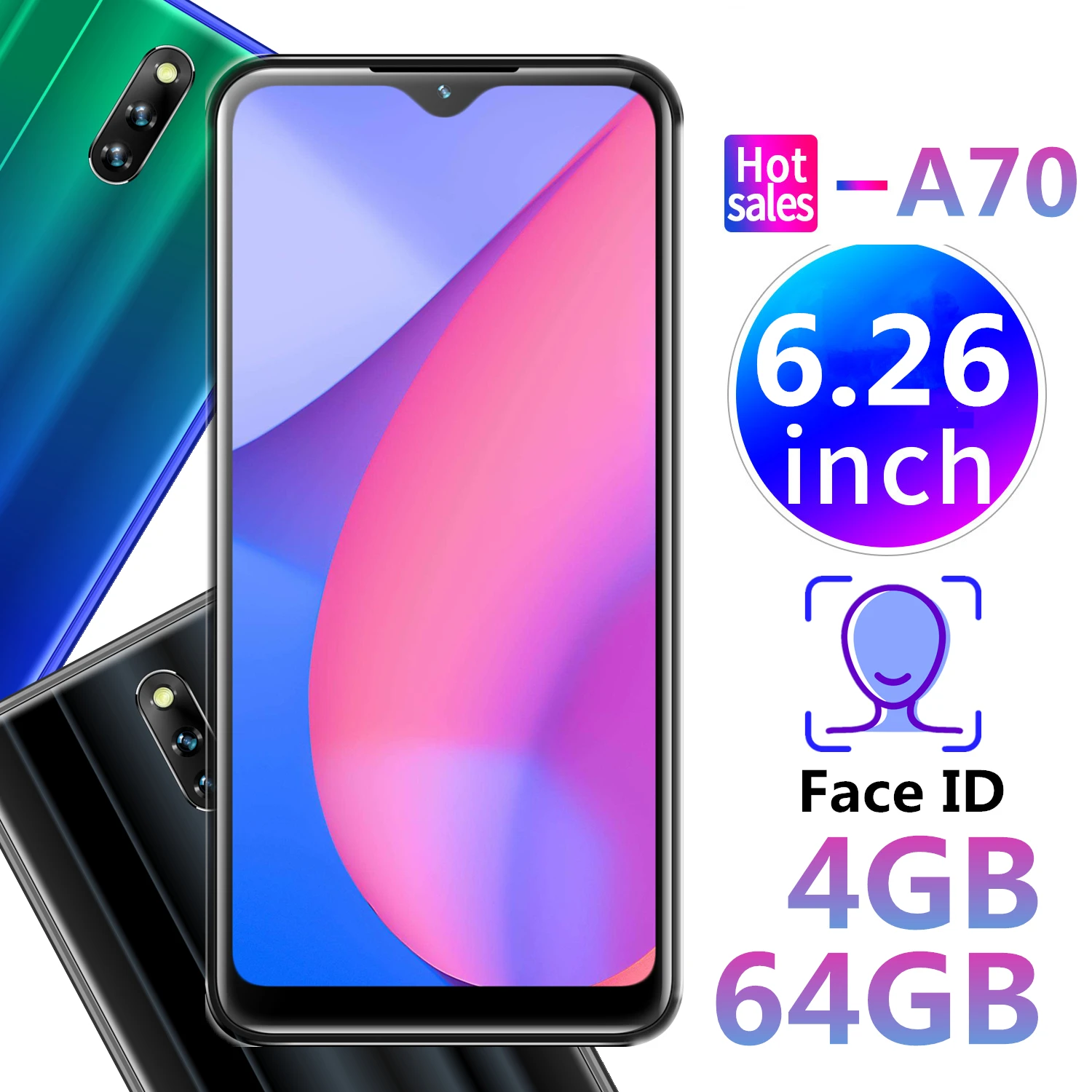 

Original Android A70 Cellphones 4G RAM+64G ROM Face Recognition celular 6.26" Water Drop Screen mobile phones unlock Smartphones