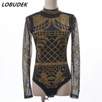 

European Style Female Gold Rhinestones Leotard Long Sleeve Skinny Bodysuit Sexy Club Bar DJ Singer Stage Wear Pole Dance Costume