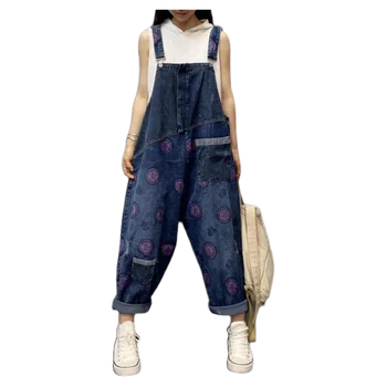 

Denim Overalls Women Printe spliced Wide Leg Jumpsuits Baggy Suspenders Cowboy pants jean Bodysuits Big size Drop Crotch Rompers