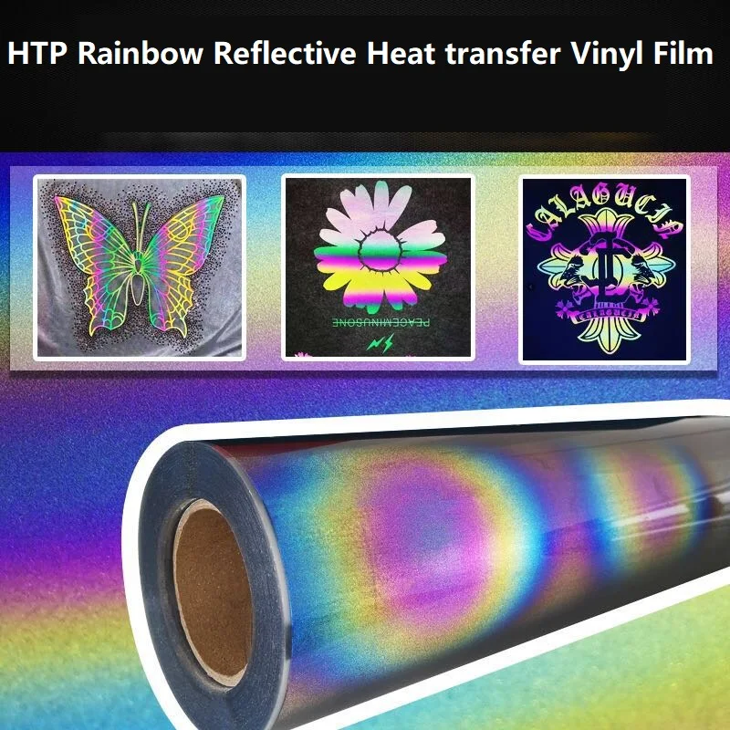 HTP Strong Reflective Heat transfer Vinyl  Iridescence  Xylopyrography Colorful DIY Rainbow Film For Webbing Bag Clothing Shoes