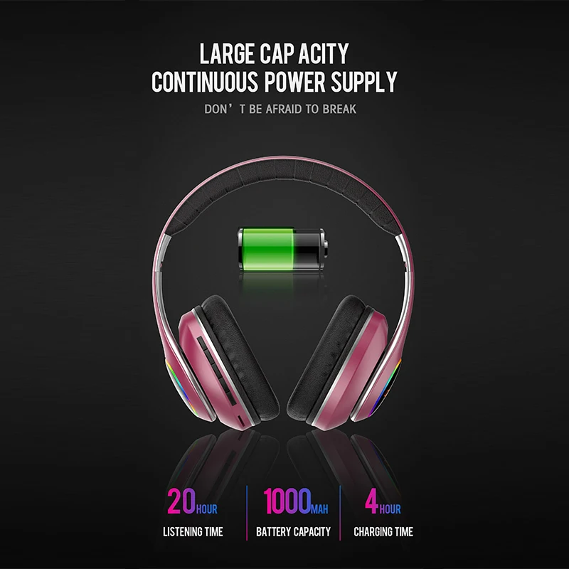 1000mAh batterie drahtlose headset 20H Spielzeit Bluetooth Kopfhörer Faltbare LED Licht 3D stereo gaming Kopfhörer 6 equalizer modi