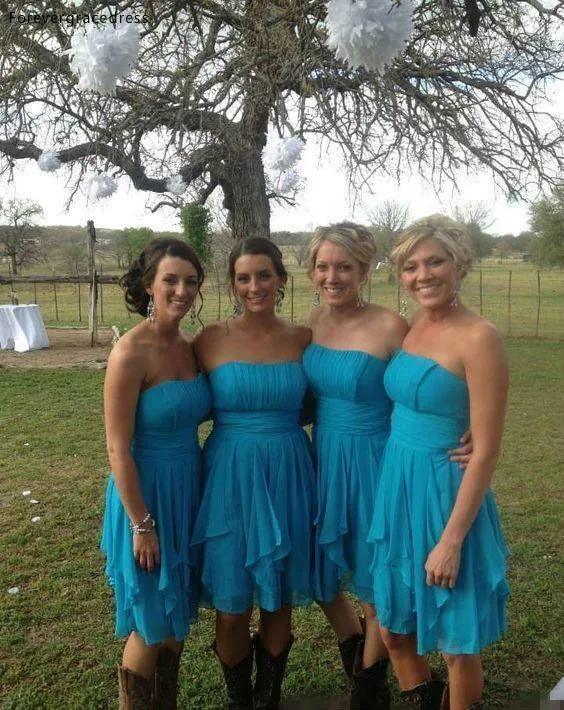2016 Cheap Short Country Beach Bridesmaid Dresses Strapless Chiffon Ice Blue Wedding Guest Wear Party Dress Plus Size Maid of Honor Gowns 80