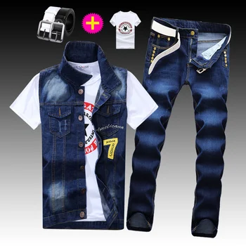 

New Mens Denim Vest Embroidery Pencil Jeans Pants Blue Vest Blue/Black Trousers 2pcs Set Casual Boys Summer Clothing W1