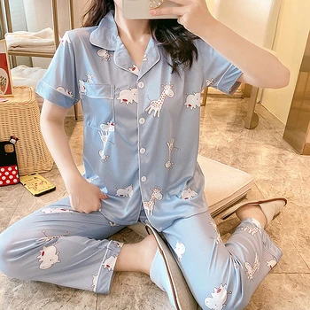 

2020 Autumn Women's Pajama Sets with Flower Print Fashion Luxury Female Faux Cotton Two Pieces Shirts + Pants Nighties Sleepwear