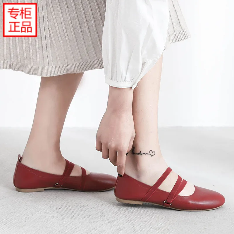 

2019 Spring New Style Low-top Shoes Korean-style Flat Heel Genuine Leather Pumps Bandage Cloth round Head Single Shoes Women's F