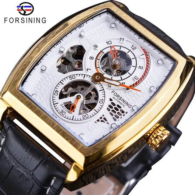 Forsining Black Dial Waterproof Automatic Mechanical Watch Skeleton Rectangle Military Watches With Bule Pointer Genuine Leather GMT1209-1