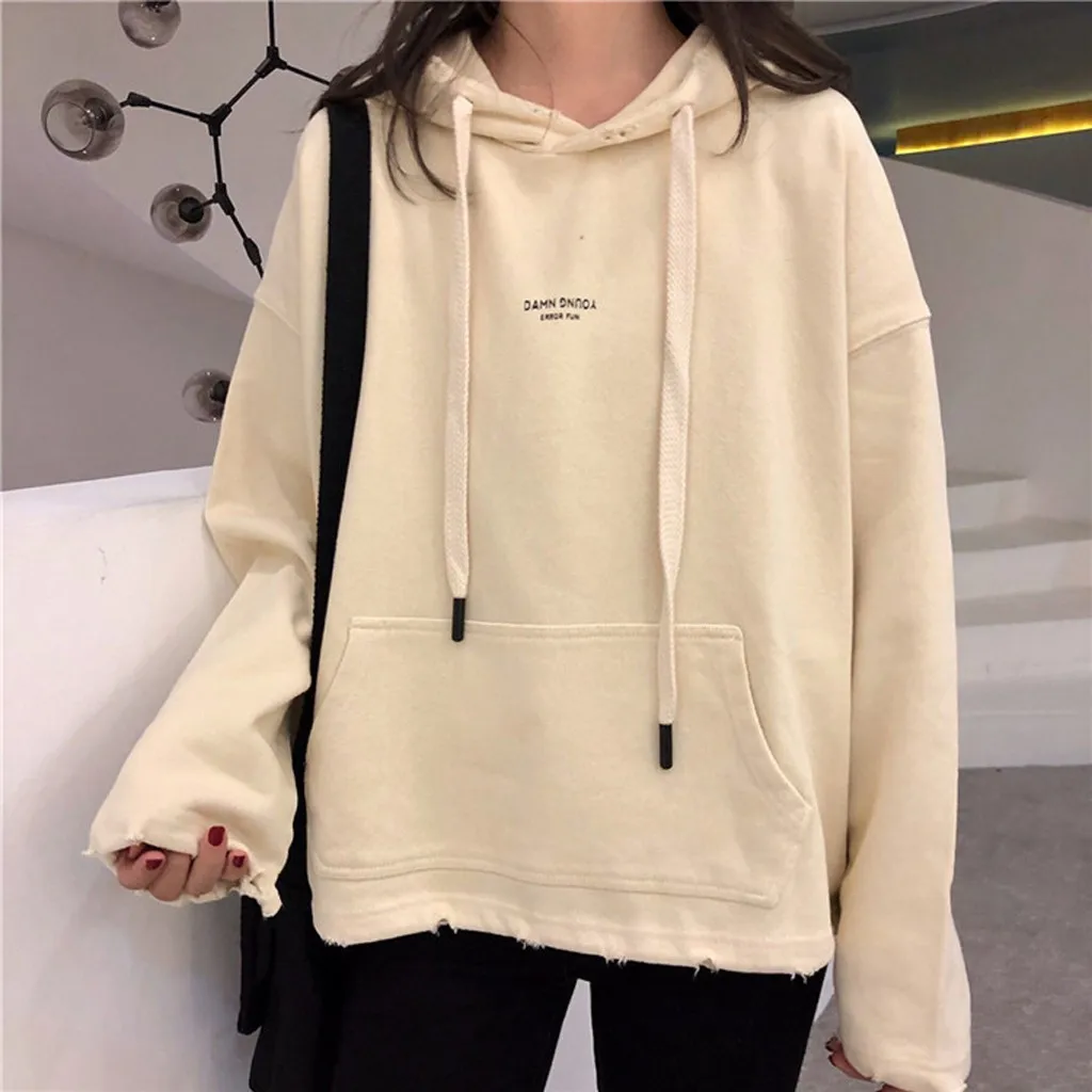 M-XXL, осень/зима, серый, бежевый, свободный, чистый цвет, с капюшоном, с рукавом «летучая мышь», толстовки, женские, с длинным рукавом, худи, Harajuku, толстовки# FO