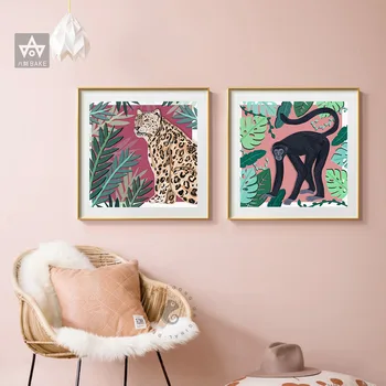 

Jungle Monkey Leopard Plant Minimalist Wall Art Canvas Painting Nordic Posters And Prints Wall Pictures For Living Room Decor