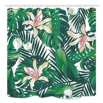 

Tropical Floral Shower Curtain,Lily Flowers and Palm Banana Leaves Design Polyester Waterproof Fabric with 12 Rust Proof