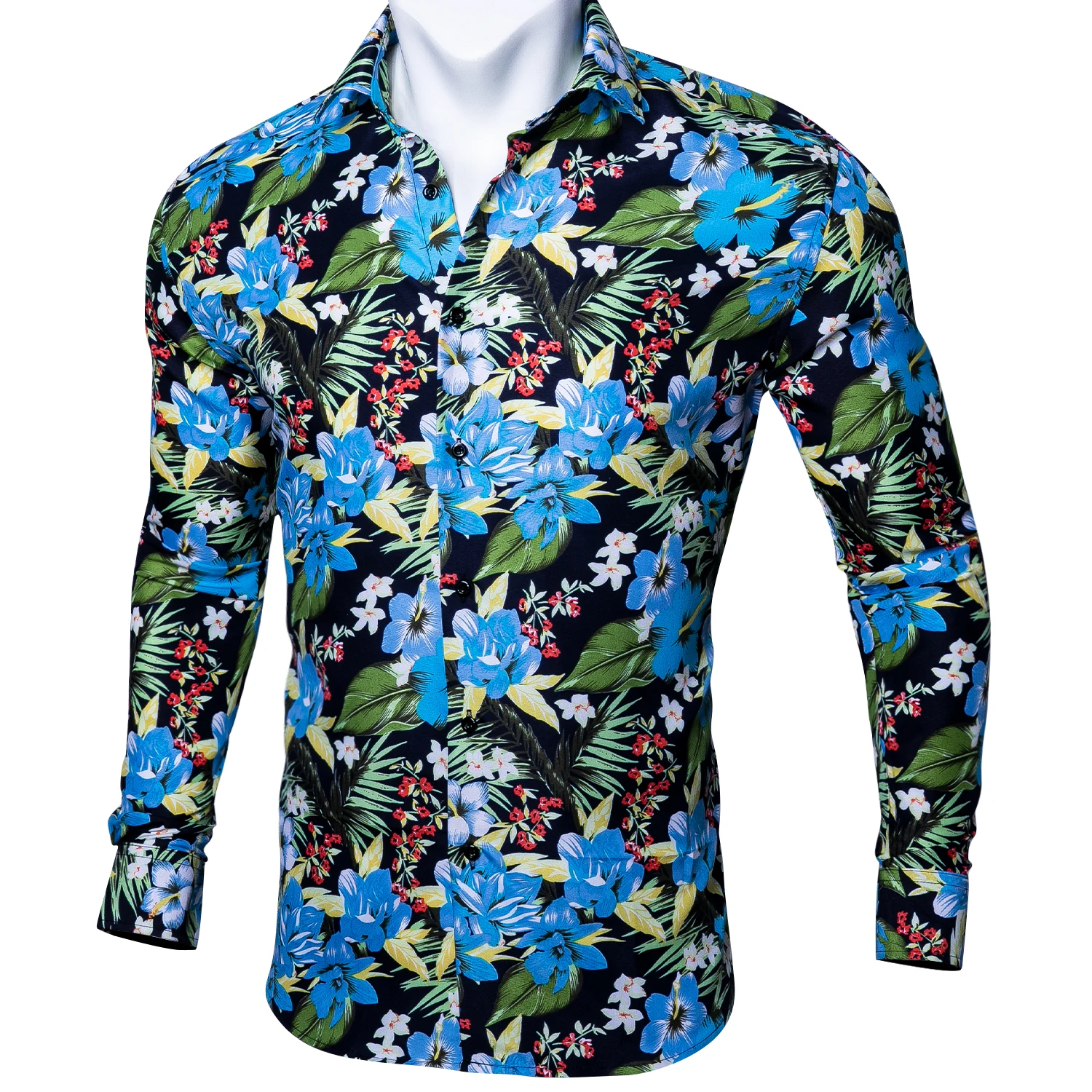 

2021 New Blue Mens Shirts Long Sleeves Floral Slim Fit Print Hawaiian Shirt Men Spring Summer Beach Party Casual Barry.Wang