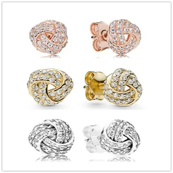 

925 Sterling Silver Rose Sparkling Love Knot With Crystal Studs Earring With Crystal For Women Wedding Pandora Jewelry