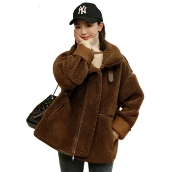 

2019 Lamb Wool Loose Boyfriend Jacket Coat Women Winter Jacket Thickening Grain Down Locomotive Cotton Basic Jackets Fur Coat