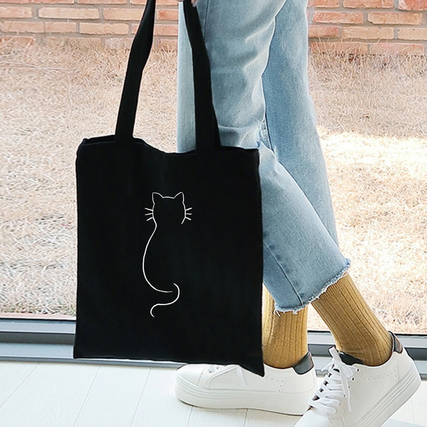 Tote-Bag Canvas Black White Beach Fabric Minimalist Large-Capacity Cartoon-Print Reusable