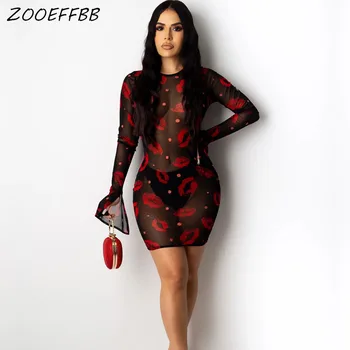 

ZOOEFFBB Sexy Sheer Mesh Lips Print Club Party Dress 2020 Summer Clothes for Women See Through Long Sleeve Mini Bodycon Dresses