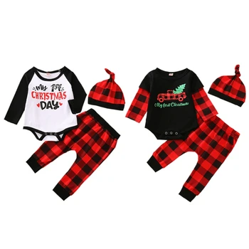 

Baby Boy Girl Newborn First Christmas printed Clothes Romper Trousers Hat Outfit Set#1