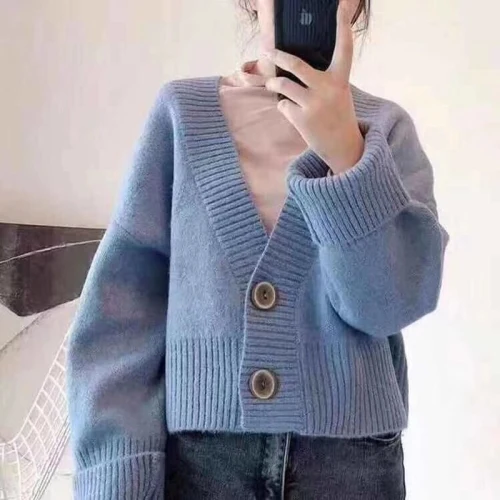 

FMFSSOM Spring Autumn Wool Knitted Warm Loose Korean V-neck Single-Breasted Women Lady Female Cardigan Sweater