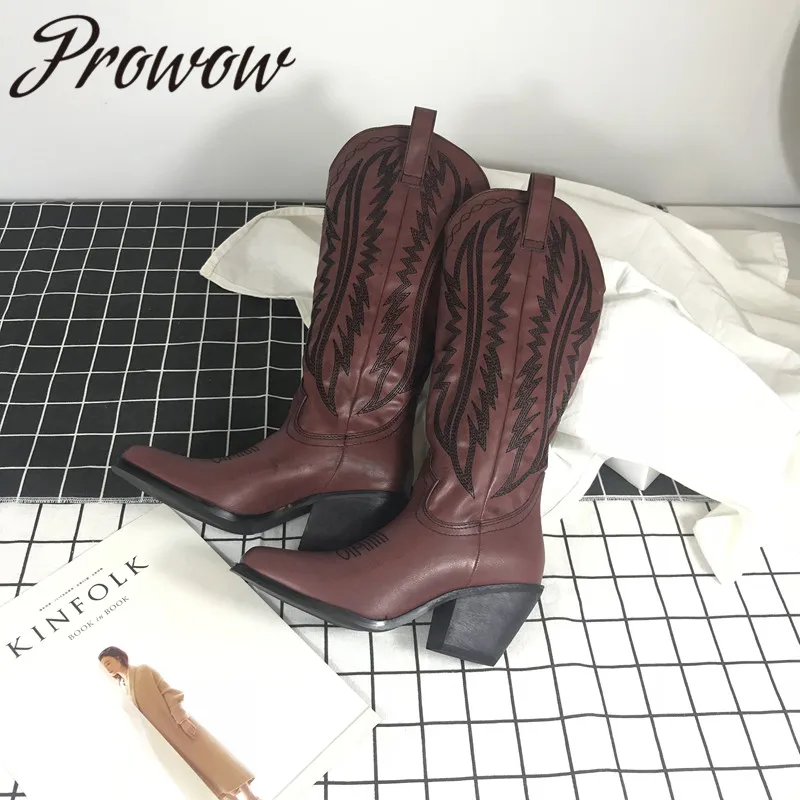 

Prowow New Fashion Red Wine Pointed Toe Cowboy Women Boots Slip On Thick Heel Comfortable Boots Shoes Women