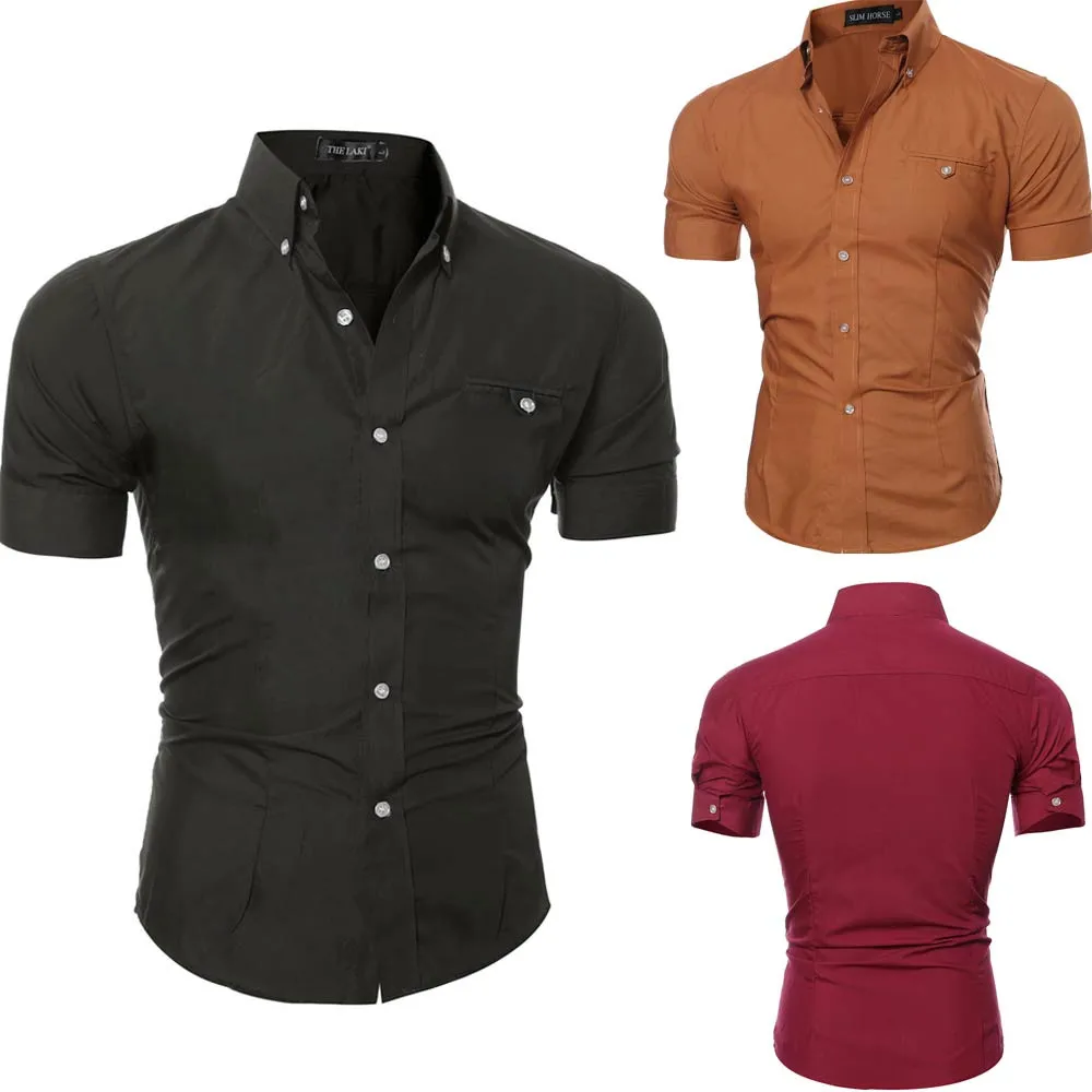 Мужская рубашка Slim Fit с коротким рукавом стильные официальные топы Мужские повседневные с коротким рукавом пуговицы для рубашки верхняя одежда однотонного размера плюс d