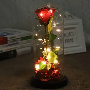 

Glass Cover LED Light Simulation Immortal Rose Desktop Ornament Without Battery Valentine'S Day Present Home Decor For Women