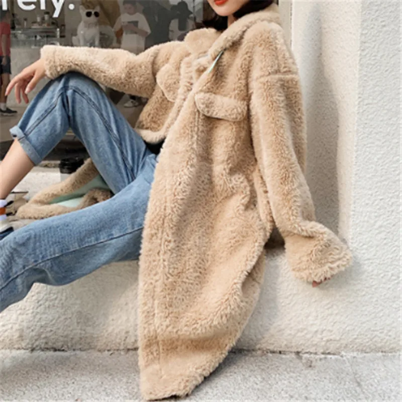 Длинное женское осеннее и зимнее модное однотонное меховое теплое толстое пальто на пуговицах, новинка, большой размер, плюшевое женское меховое пальто 2XL - Цвет: CAMEL