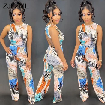 

Knotted Backless Fashion One Piece Overall Women Leaves Print Sleeveless Party Jumpsuit Summer O Neck High Waist Wide Leg Romper