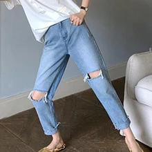 Плюс размеры для женщин в винтажном стиле; Узкие женские брюки с высокой талией джинсы Mujer весна-осень рваные Широкие джинсовые брюки женские A5727