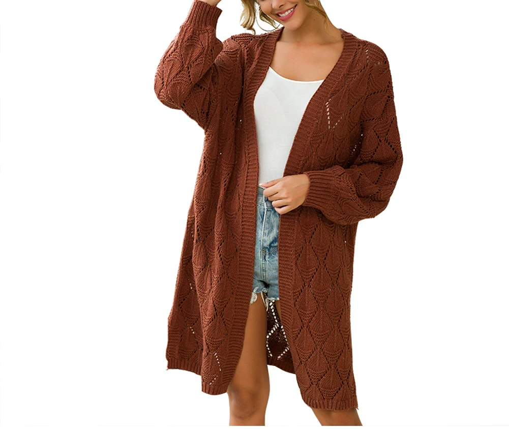 

Women Wardrobe Elegant Open Front Cardigans Solid Color Lantern Sleeve Hollow Out Side Split Knit Coat
